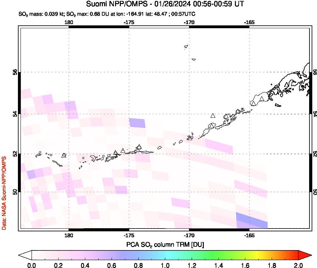 A sulfur dioxide image over Aleutian Islands, Alaska, USA on Jan 26, 2024.