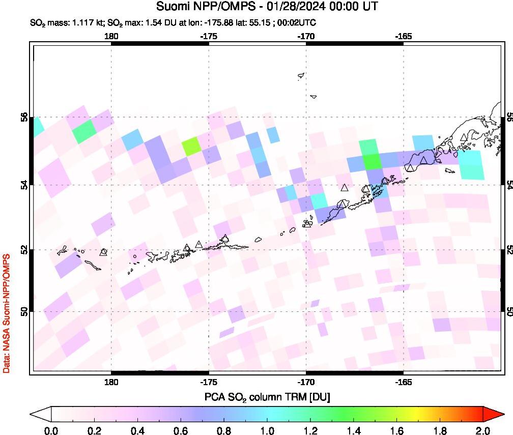 A sulfur dioxide image over Aleutian Islands, Alaska, USA on Jan 28, 2024.