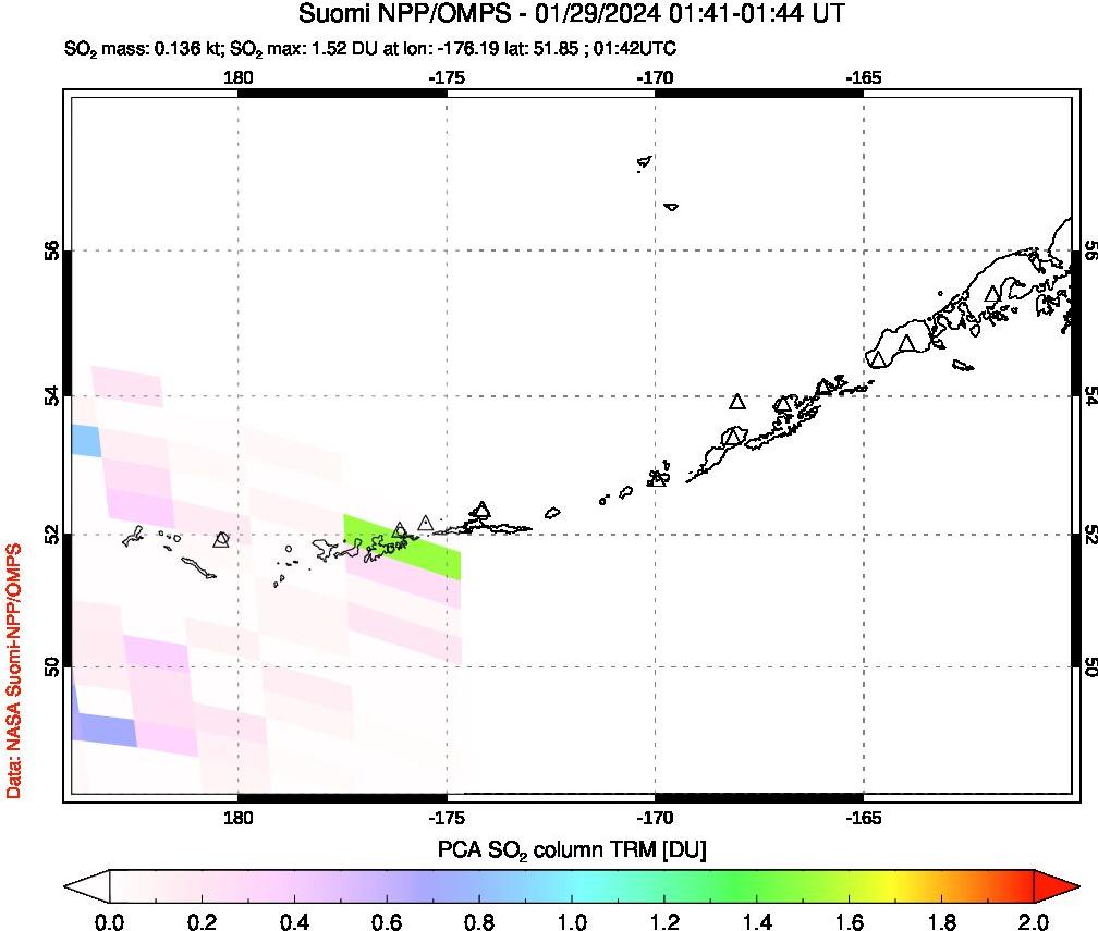 A sulfur dioxide image over Aleutian Islands, Alaska, USA on Jan 29, 2024.