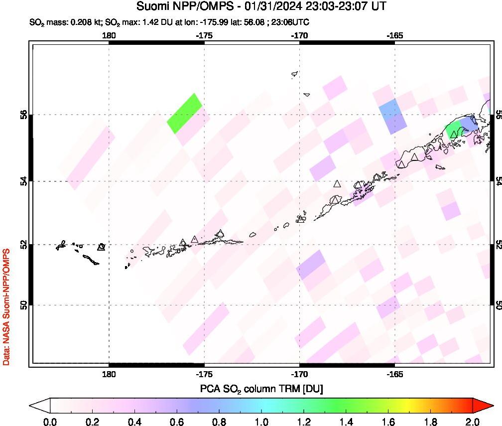 A sulfur dioxide image over Aleutian Islands, Alaska, USA on Jan 31, 2024.