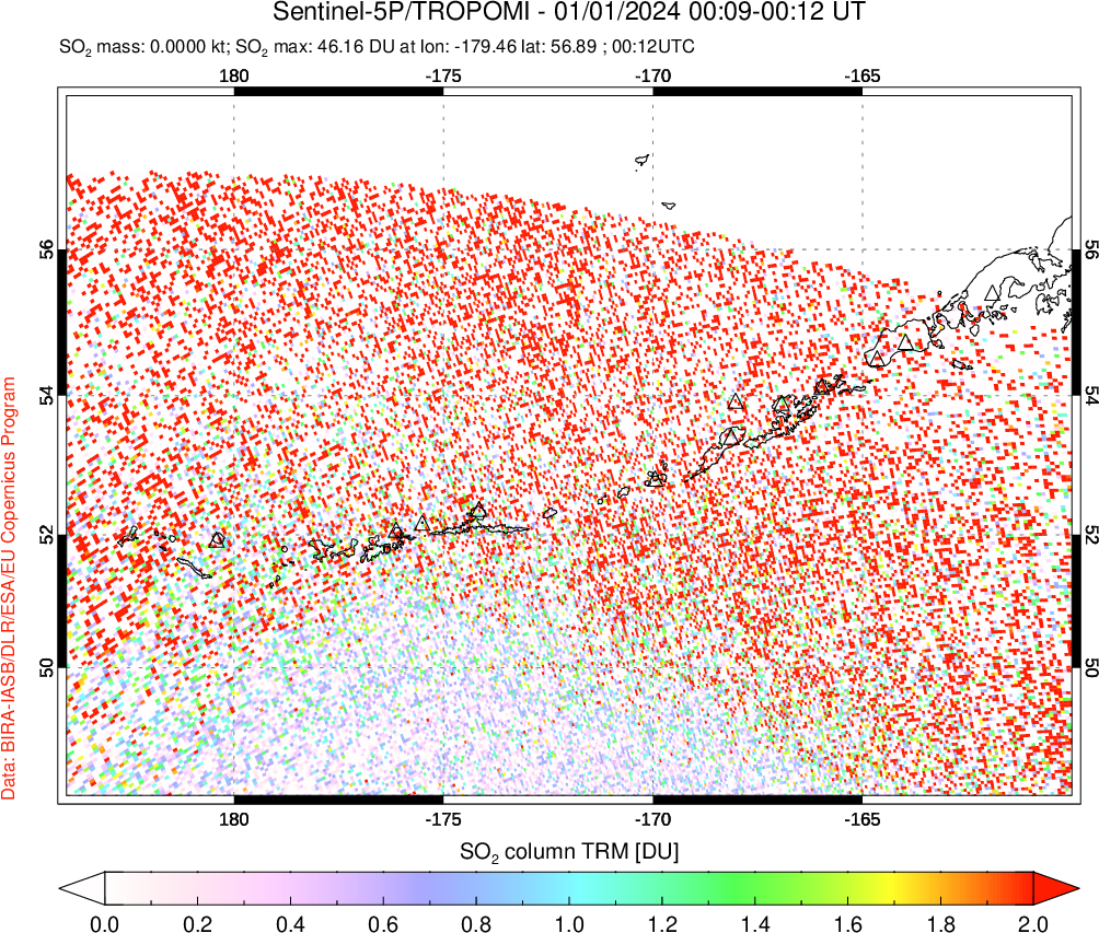 A sulfur dioxide image over Aleutian Islands, Alaska, USA on Jan 01, 2024.