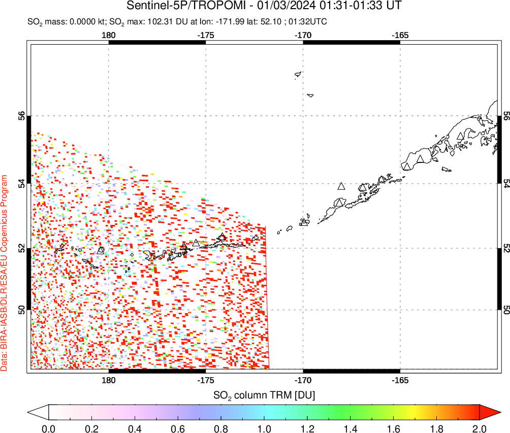 A sulfur dioxide image over Aleutian Islands, Alaska, USA on Jan 03, 2024.