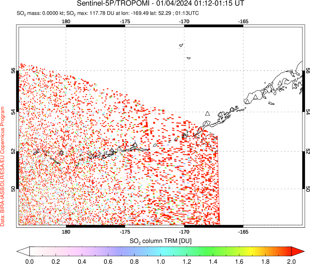 A sulfur dioxide image over Aleutian Islands, Alaska, USA on Jan 04, 2024.