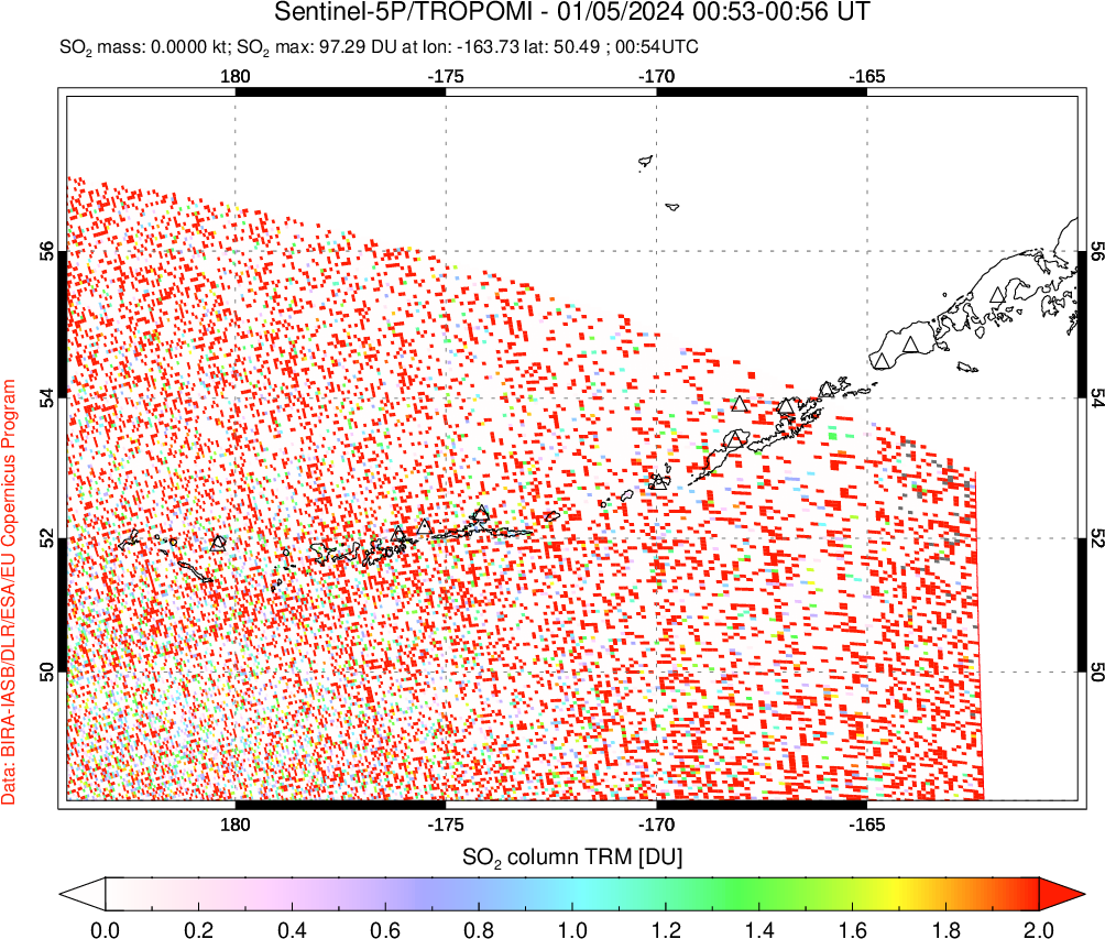 A sulfur dioxide image over Aleutian Islands, Alaska, USA on Jan 05, 2024.