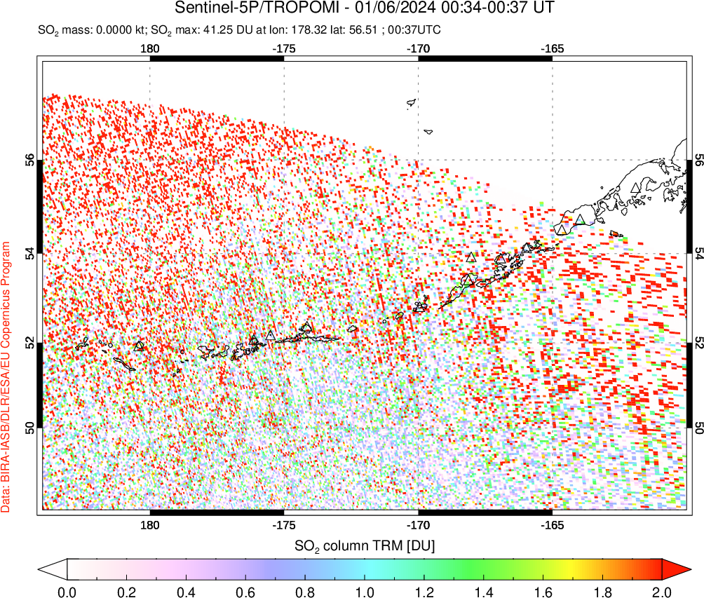 A sulfur dioxide image over Aleutian Islands, Alaska, USA on Jan 06, 2024.