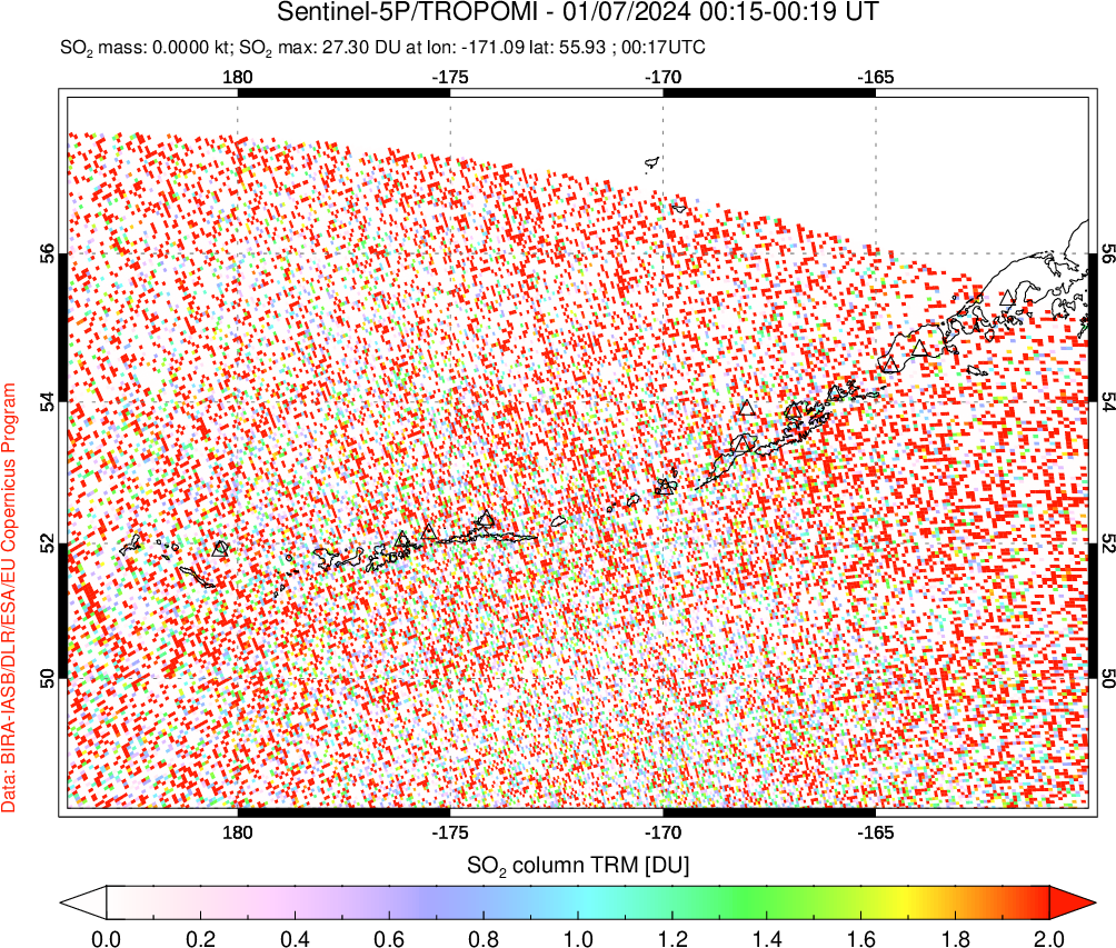 A sulfur dioxide image over Aleutian Islands, Alaska, USA on Jan 07, 2024.