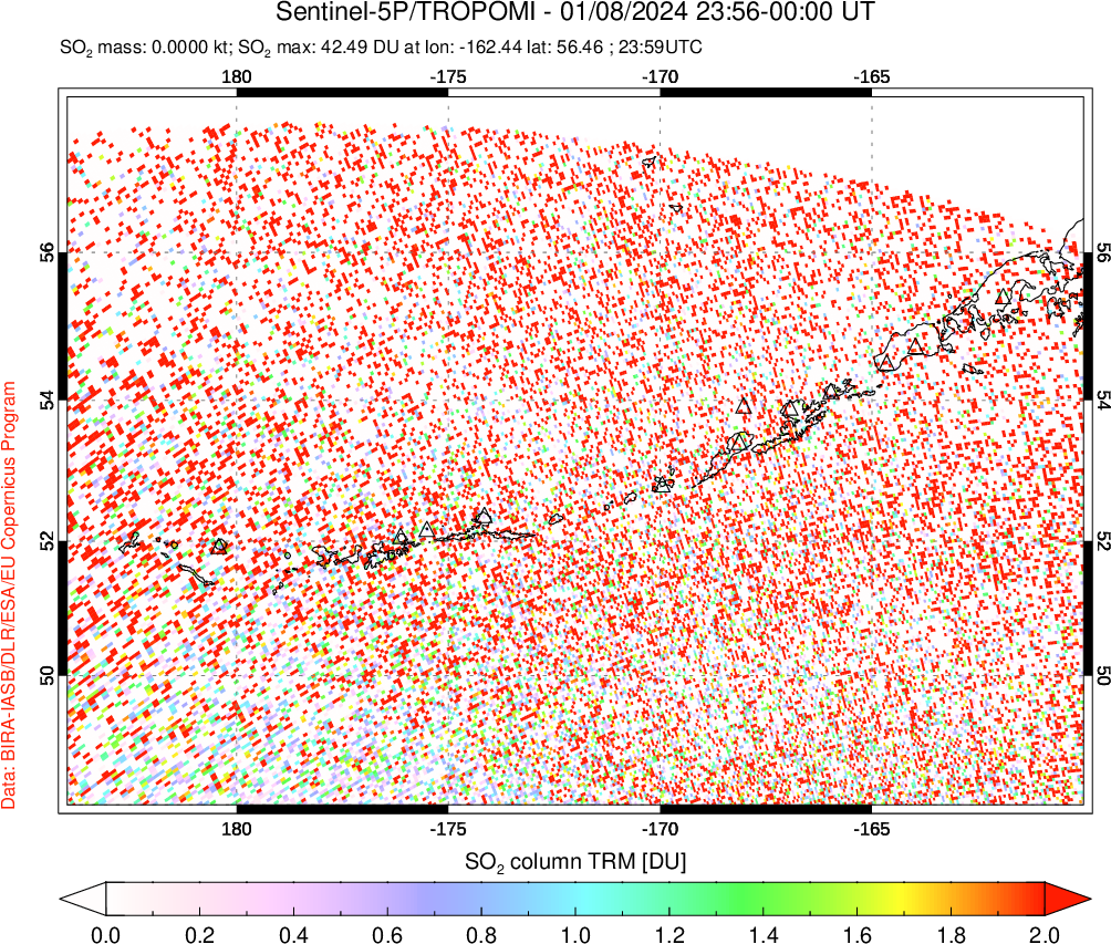 A sulfur dioxide image over Aleutian Islands, Alaska, USA on Jan 08, 2024.