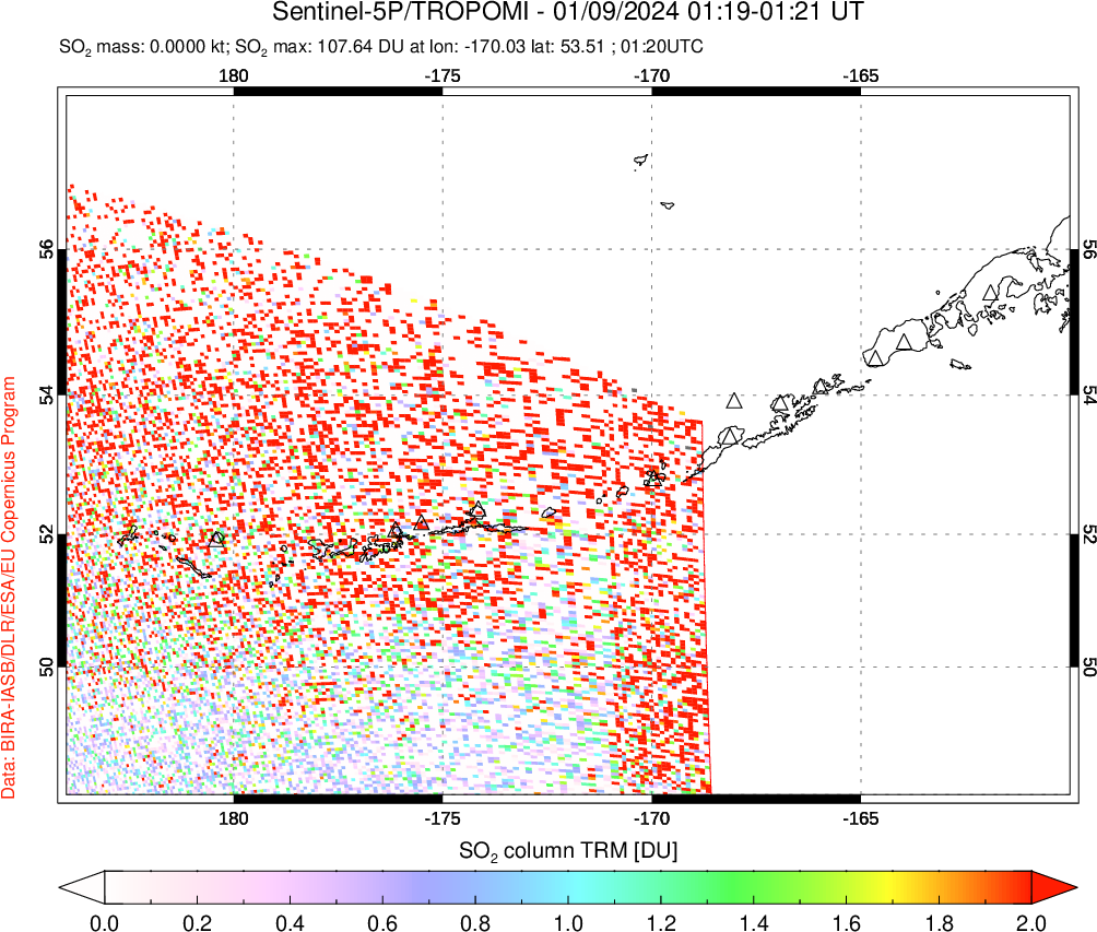 A sulfur dioxide image over Aleutian Islands, Alaska, USA on Jan 09, 2024.