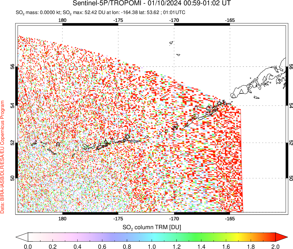 A sulfur dioxide image over Aleutian Islands, Alaska, USA on Jan 10, 2024.