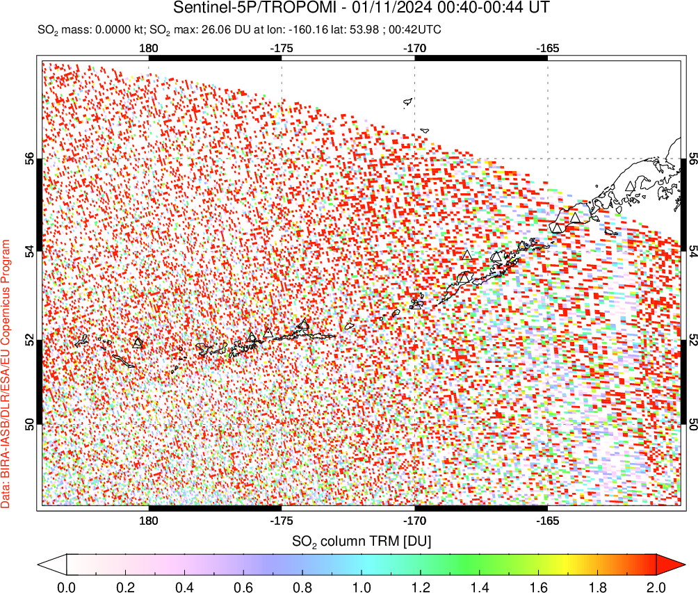 A sulfur dioxide image over Aleutian Islands, Alaska, USA on Jan 11, 2024.