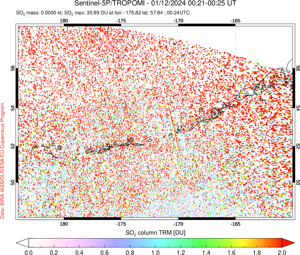 A sulfur dioxide image over Aleutian Islands, Alaska, USA on Jan 12, 2024.