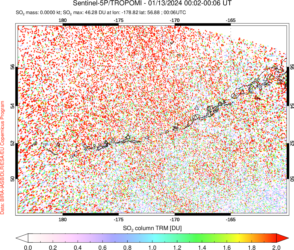 A sulfur dioxide image over Aleutian Islands, Alaska, USA on Jan 13, 2024.