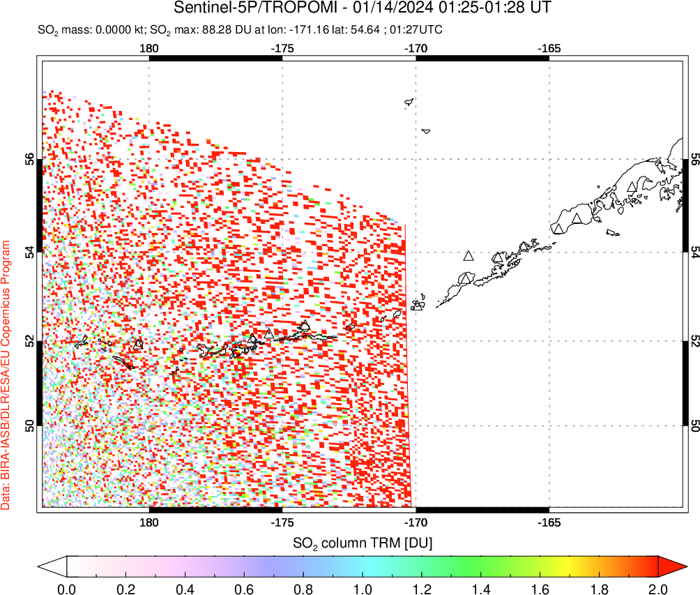 A sulfur dioxide image over Aleutian Islands, Alaska, USA on Jan 14, 2024.