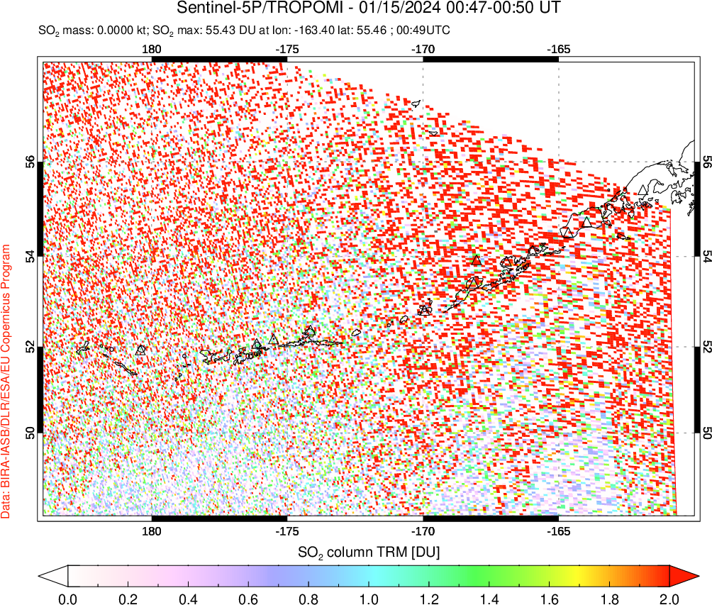 A sulfur dioxide image over Aleutian Islands, Alaska, USA on Jan 15, 2024.