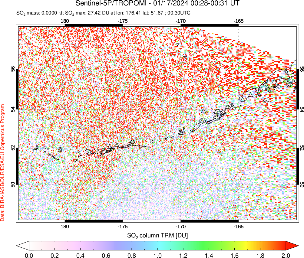 A sulfur dioxide image over Aleutian Islands, Alaska, USA on Jan 17, 2024.