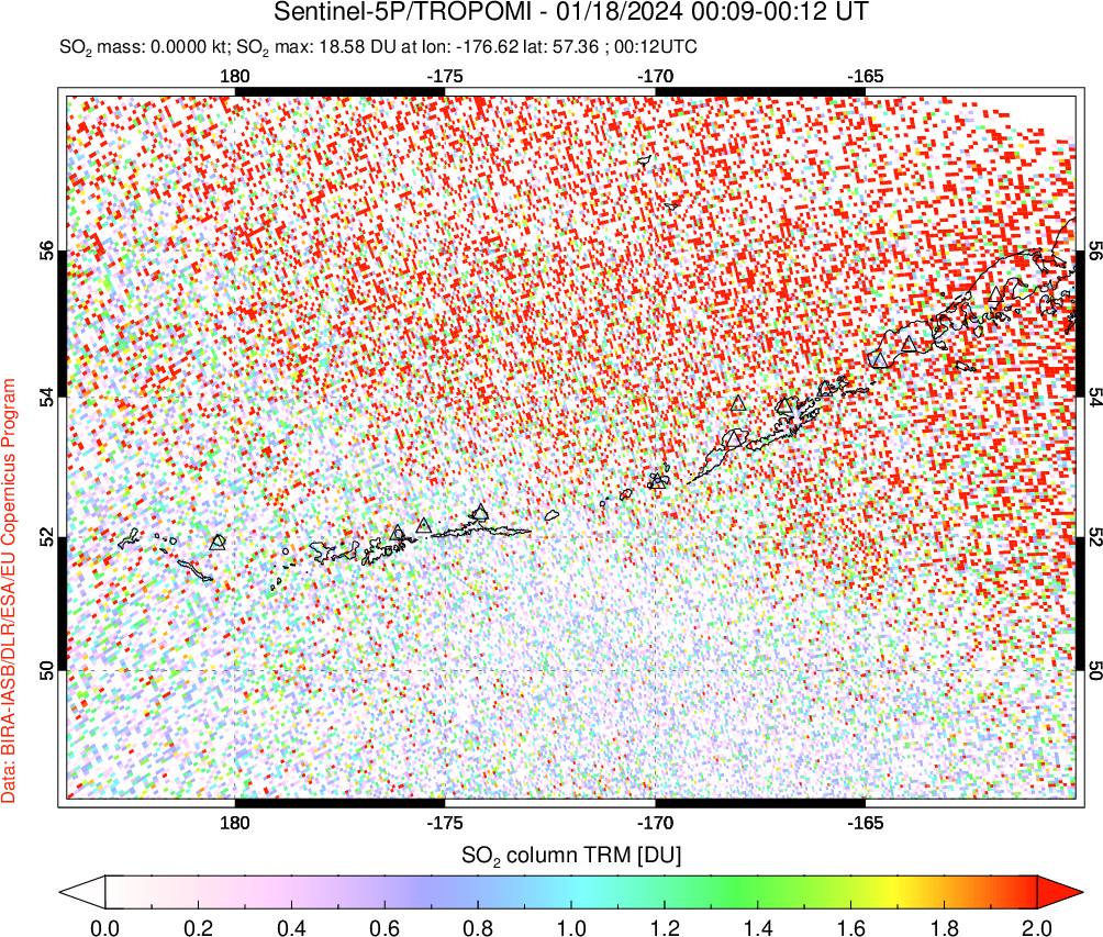 A sulfur dioxide image over Aleutian Islands, Alaska, USA on Jan 18, 2024.