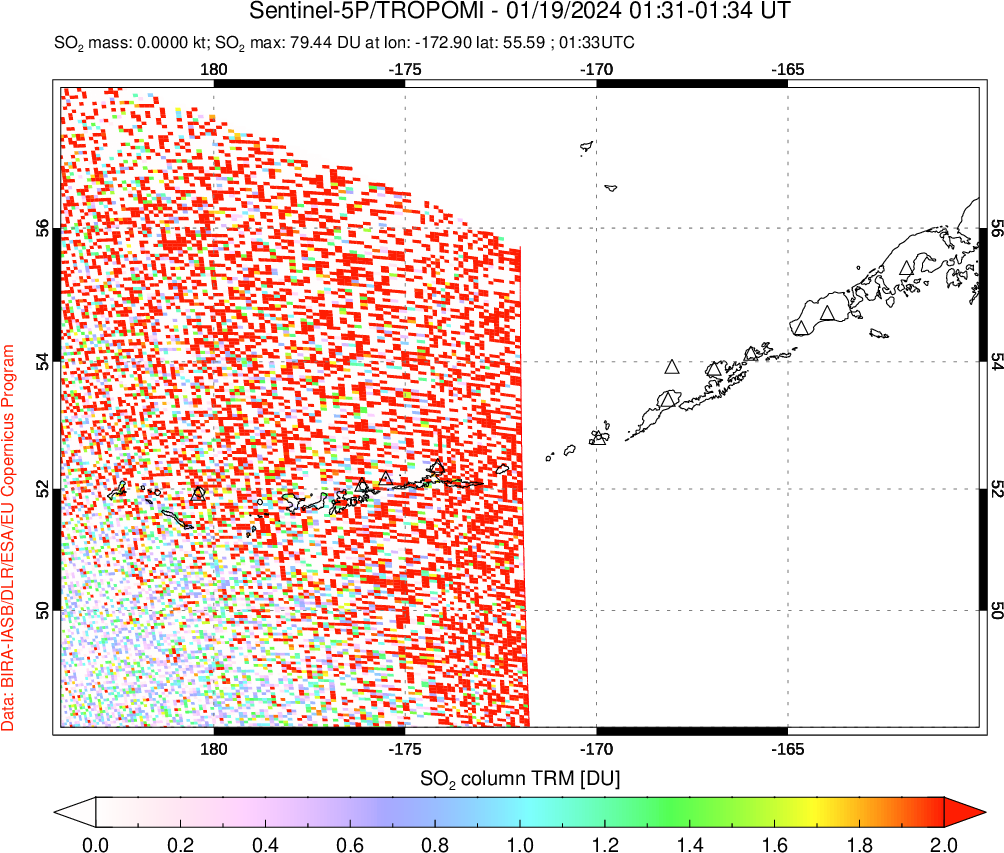 A sulfur dioxide image over Aleutian Islands, Alaska, USA on Jan 19, 2024.