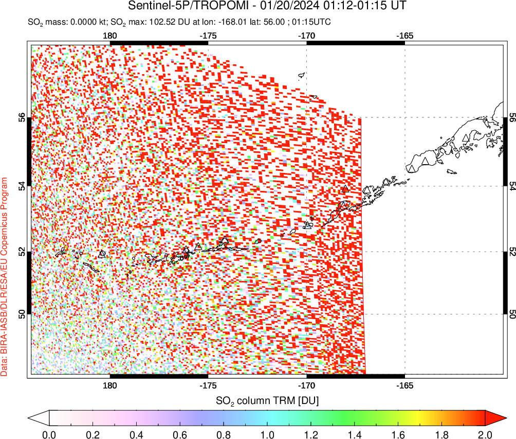 A sulfur dioxide image over Aleutian Islands, Alaska, USA on Jan 20, 2024.