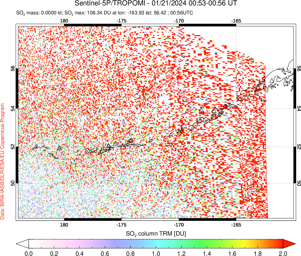 A sulfur dioxide image over Aleutian Islands, Alaska, USA on Jan 21, 2024.