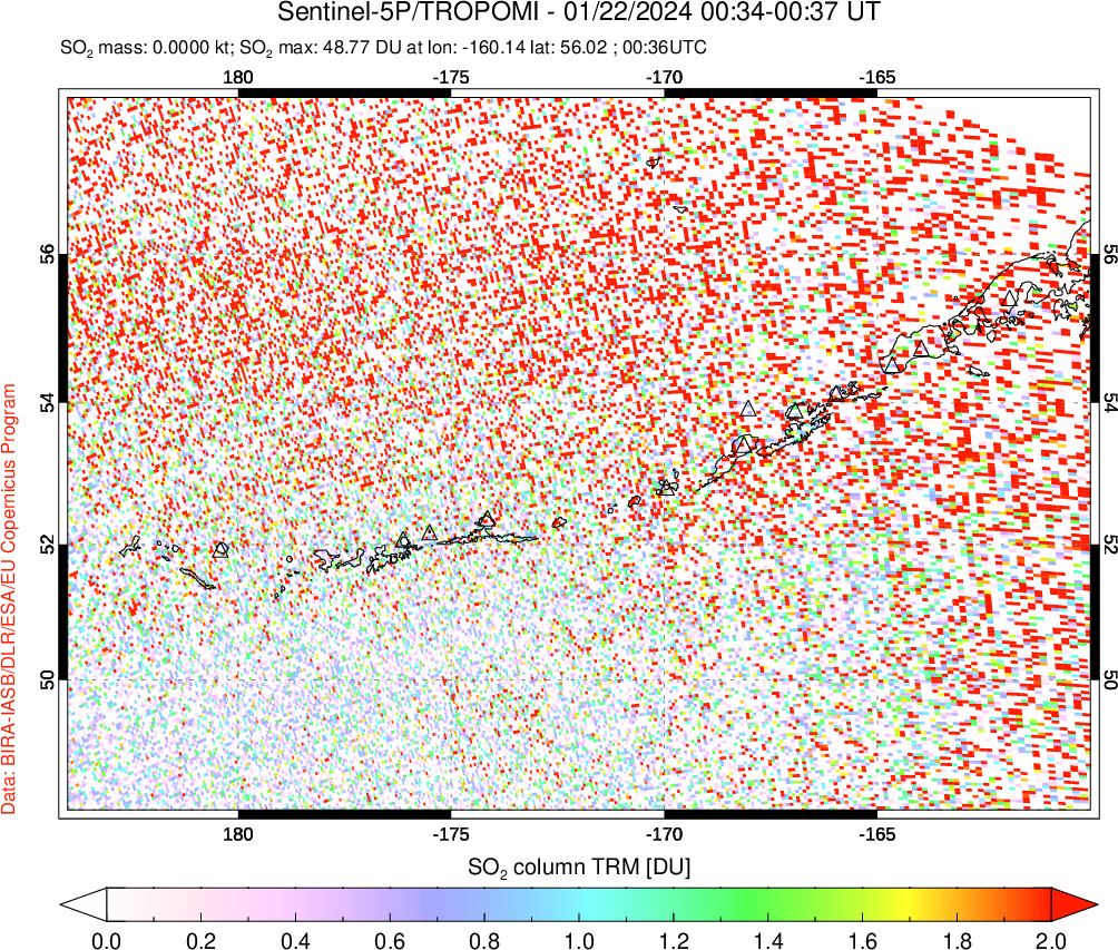 A sulfur dioxide image over Aleutian Islands, Alaska, USA on Jan 22, 2024.