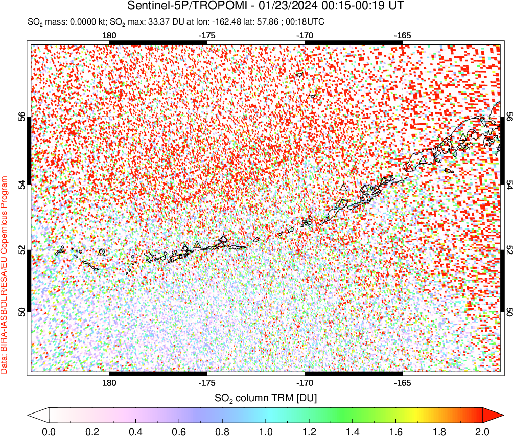 A sulfur dioxide image over Aleutian Islands, Alaska, USA on Jan 23, 2024.