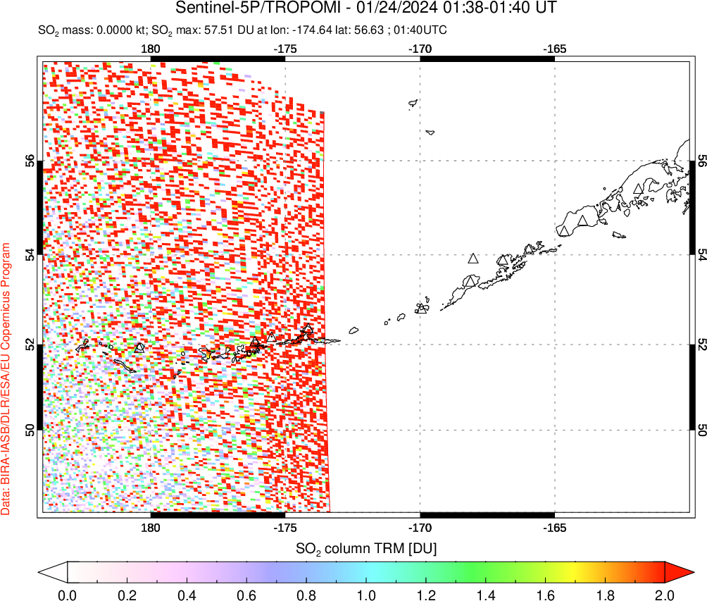 A sulfur dioxide image over Aleutian Islands, Alaska, USA on Jan 24, 2024.