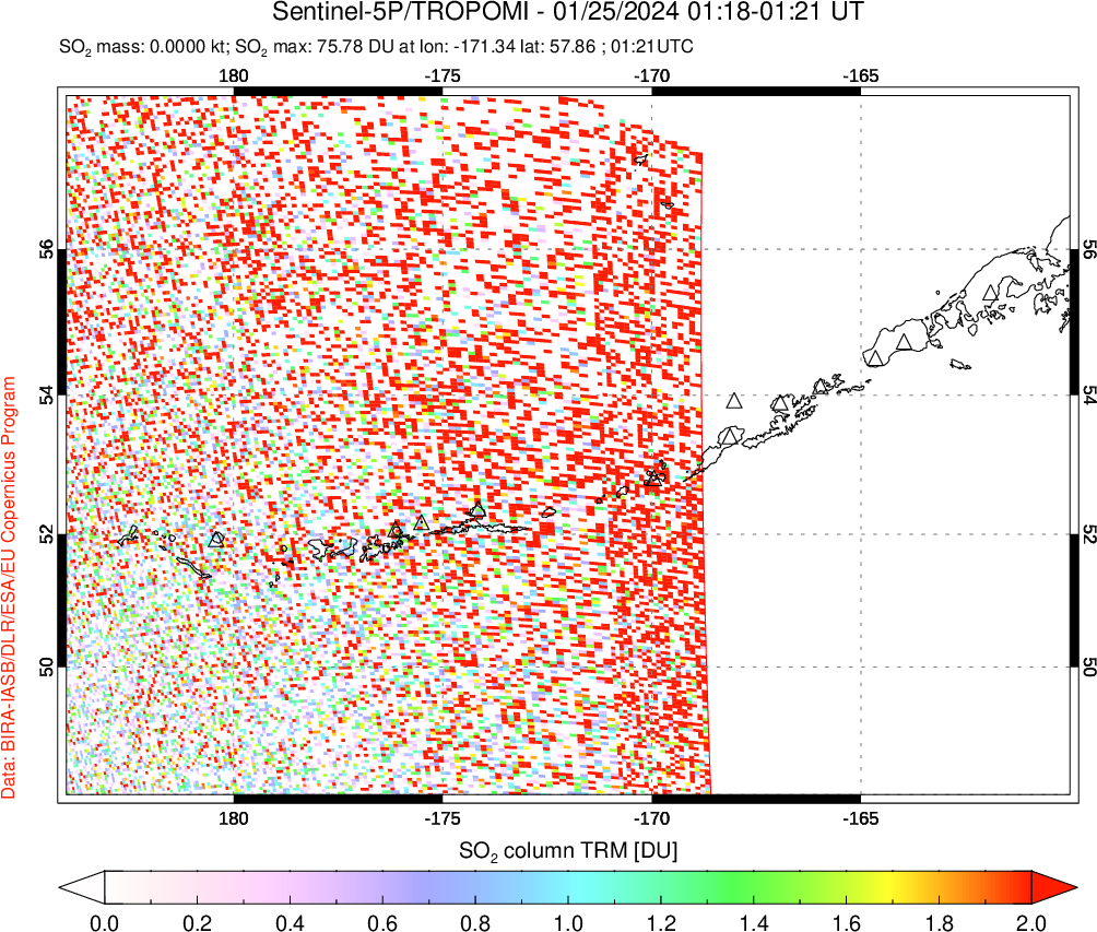 A sulfur dioxide image over Aleutian Islands, Alaska, USA on Jan 25, 2024.