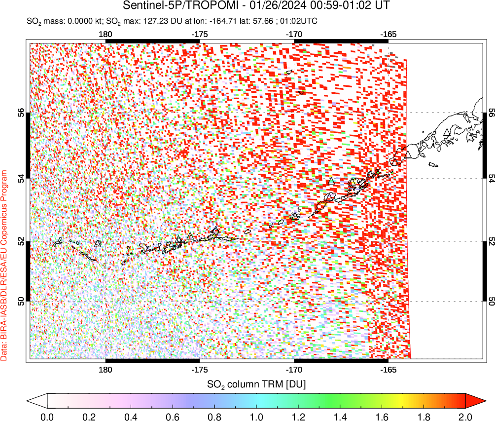 A sulfur dioxide image over Aleutian Islands, Alaska, USA on Jan 26, 2024.