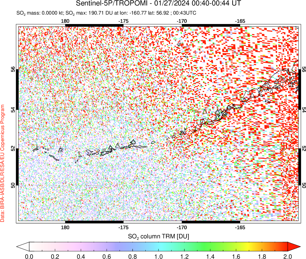 A sulfur dioxide image over Aleutian Islands, Alaska, USA on Jan 27, 2024.