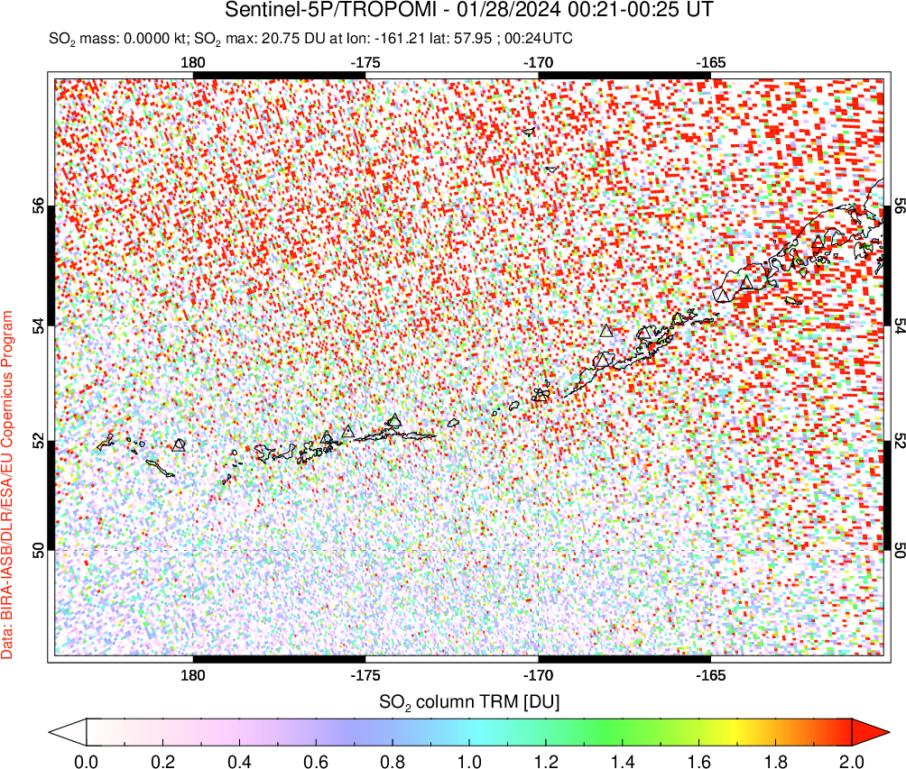 A sulfur dioxide image over Aleutian Islands, Alaska, USA on Jan 28, 2024.