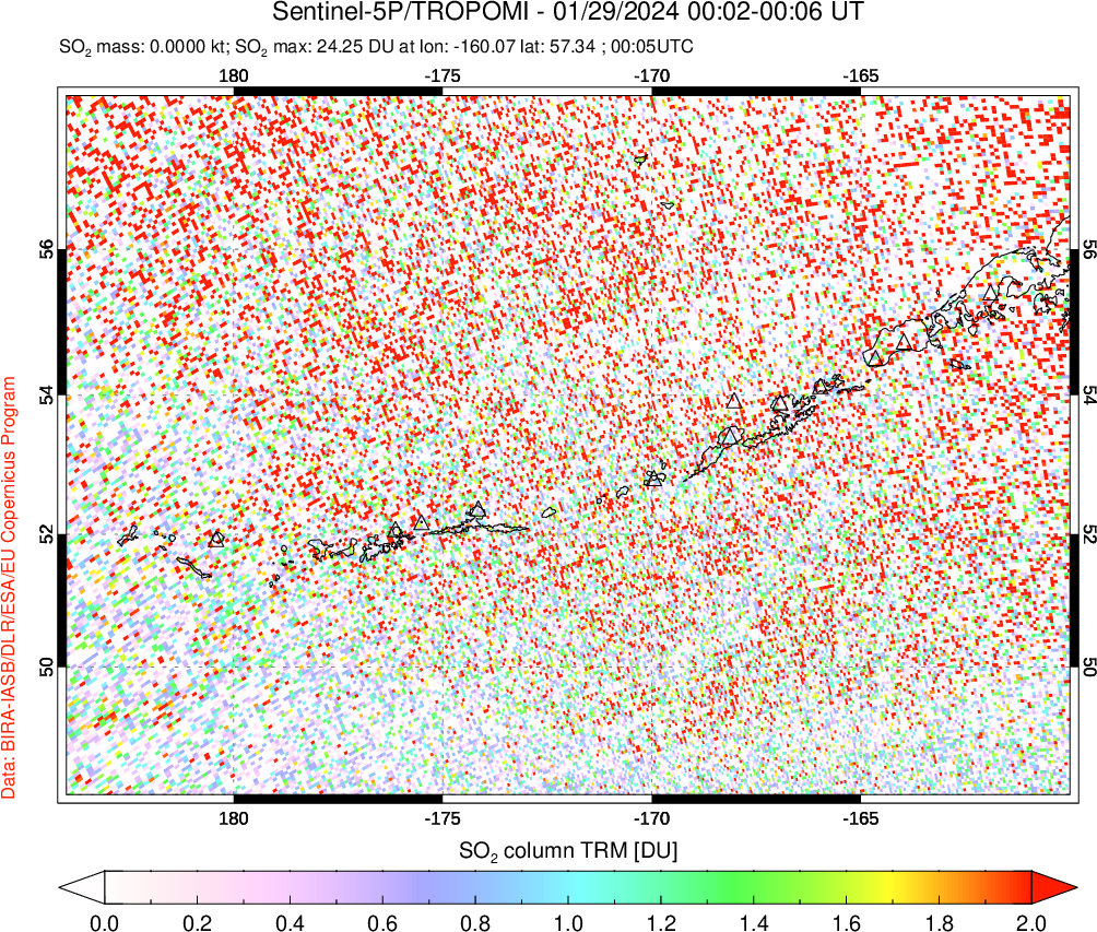 A sulfur dioxide image over Aleutian Islands, Alaska, USA on Jan 29, 2024.