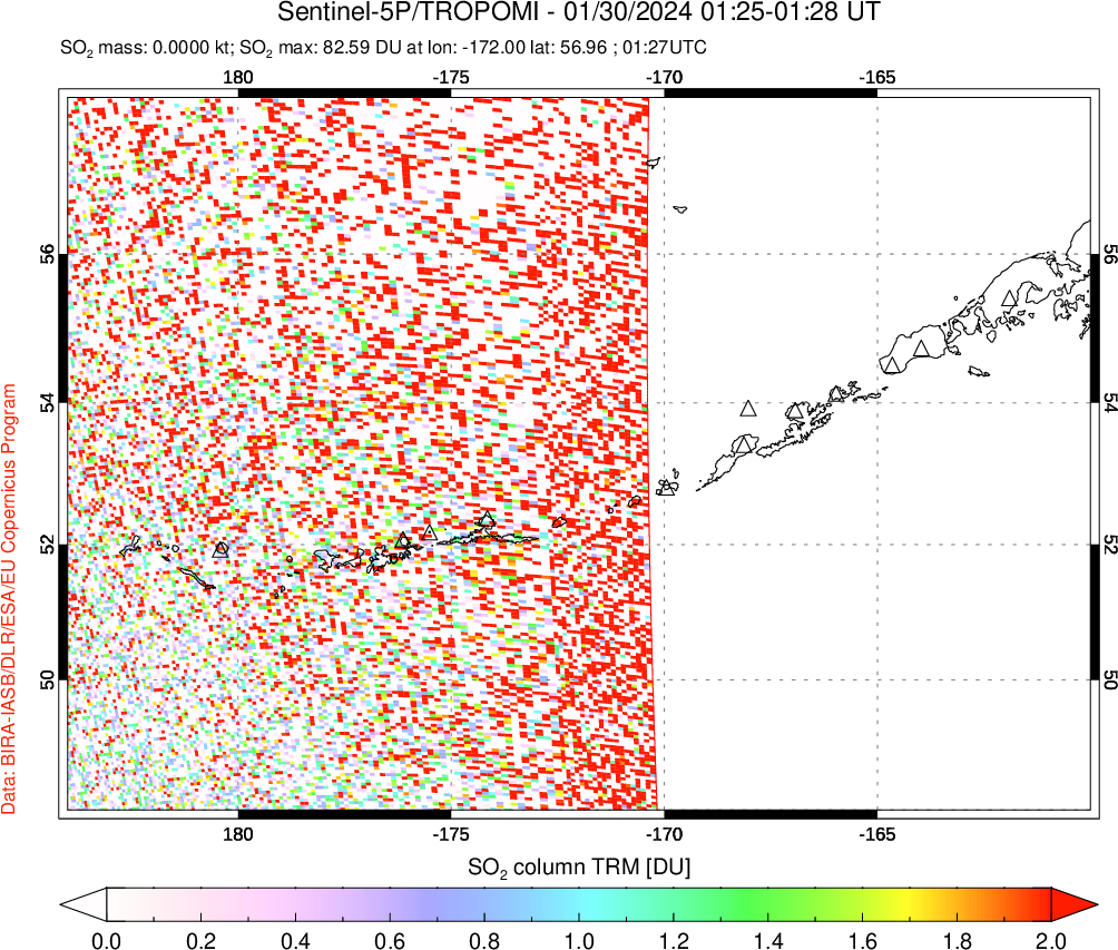 A sulfur dioxide image over Aleutian Islands, Alaska, USA on Jan 30, 2024.