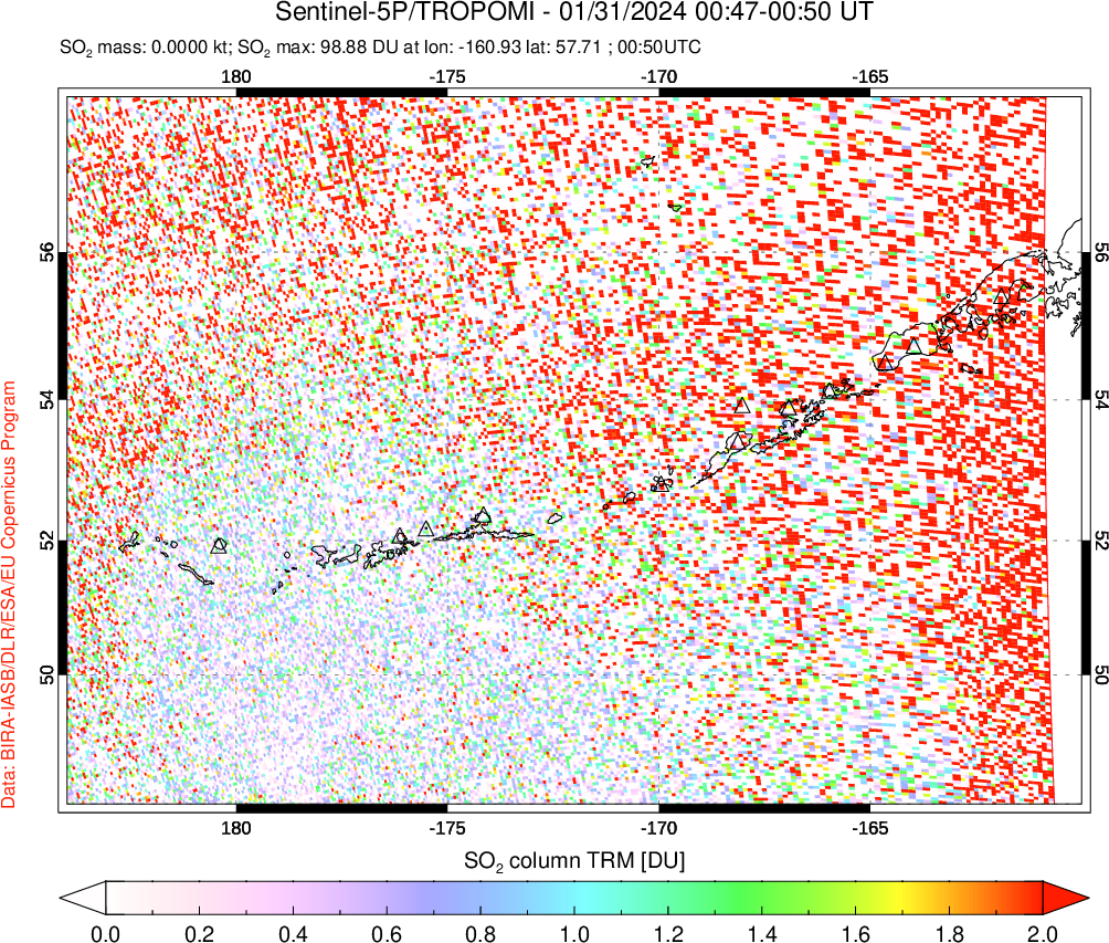 A sulfur dioxide image over Aleutian Islands, Alaska, USA on Jan 31, 2024.