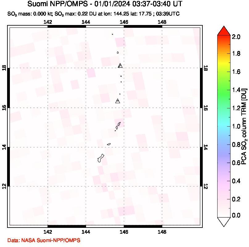 A sulfur dioxide image over Anatahan, Mariana Islands on Jan 01, 2024.