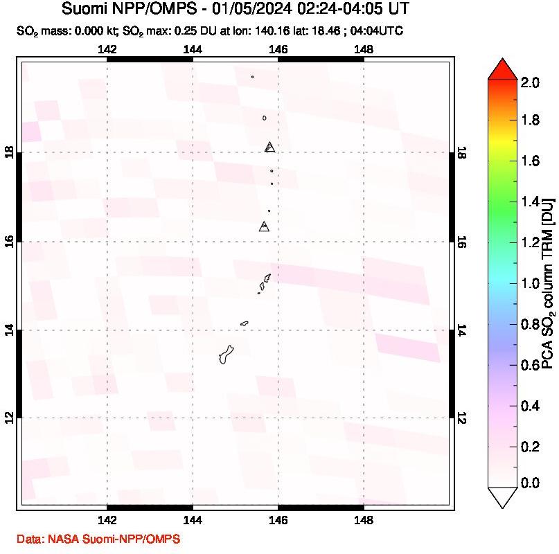 A sulfur dioxide image over Anatahan, Mariana Islands on Jan 05, 2024.