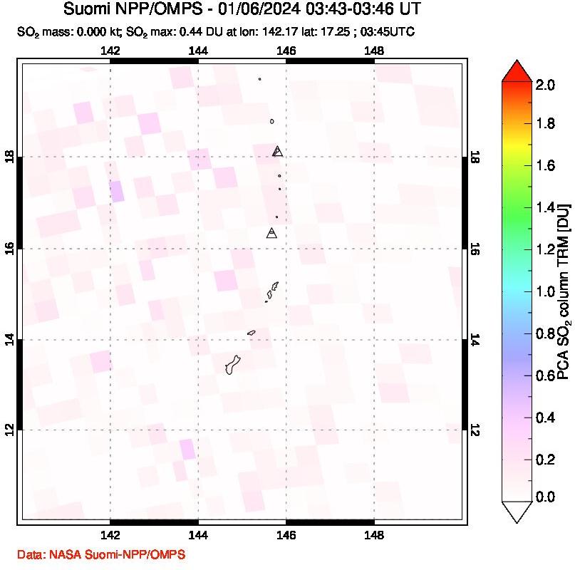 A sulfur dioxide image over Anatahan, Mariana Islands on Jan 06, 2024.