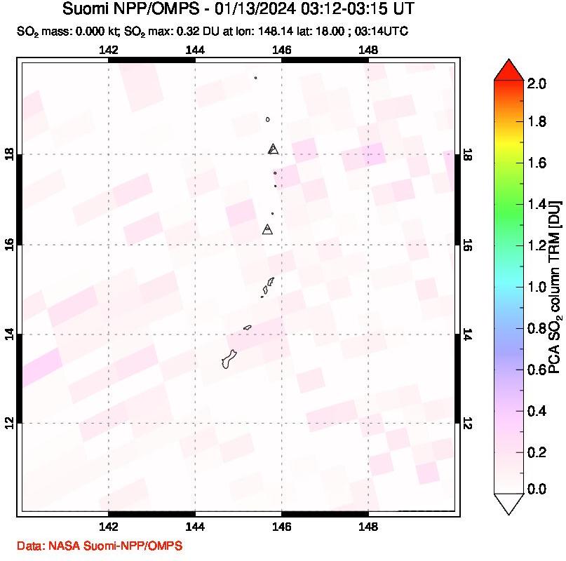 A sulfur dioxide image over Anatahan, Mariana Islands on Jan 13, 2024.