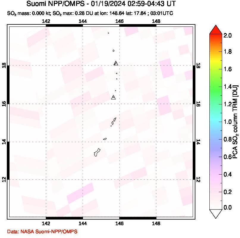 A sulfur dioxide image over Anatahan, Mariana Islands on Jan 19, 2024.