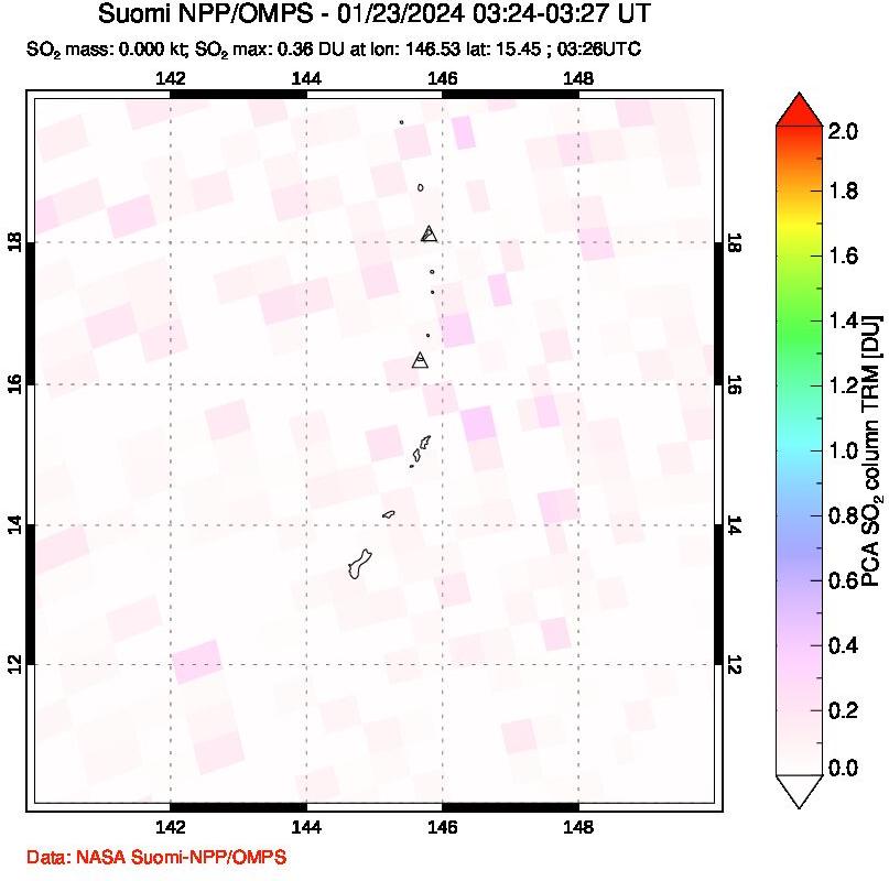 A sulfur dioxide image over Anatahan, Mariana Islands on Jan 23, 2024.