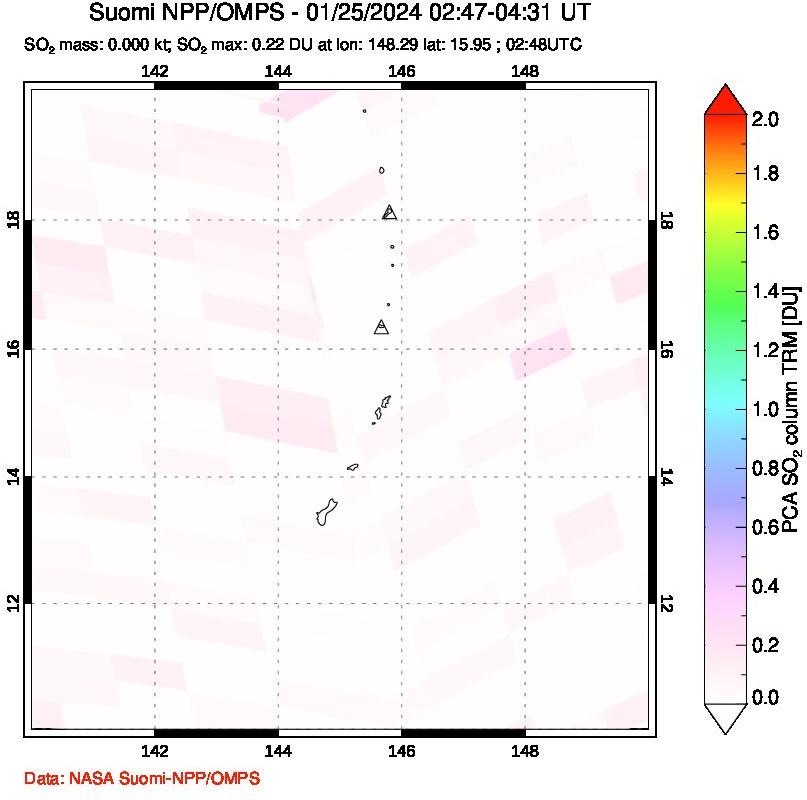 A sulfur dioxide image over Anatahan, Mariana Islands on Jan 25, 2024.