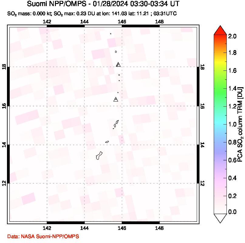 A sulfur dioxide image over Anatahan, Mariana Islands on Jan 28, 2024.