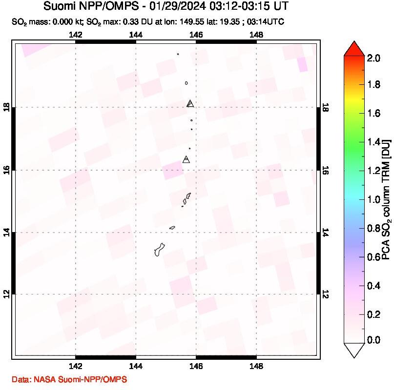 A sulfur dioxide image over Anatahan, Mariana Islands on Jan 29, 2024.