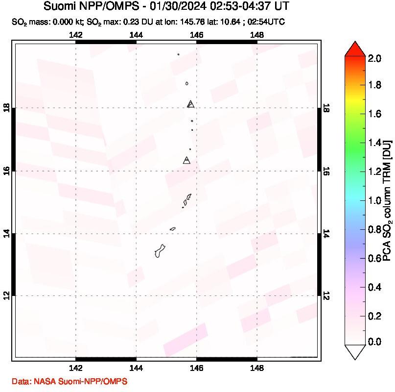 A sulfur dioxide image over Anatahan, Mariana Islands on Jan 30, 2024.