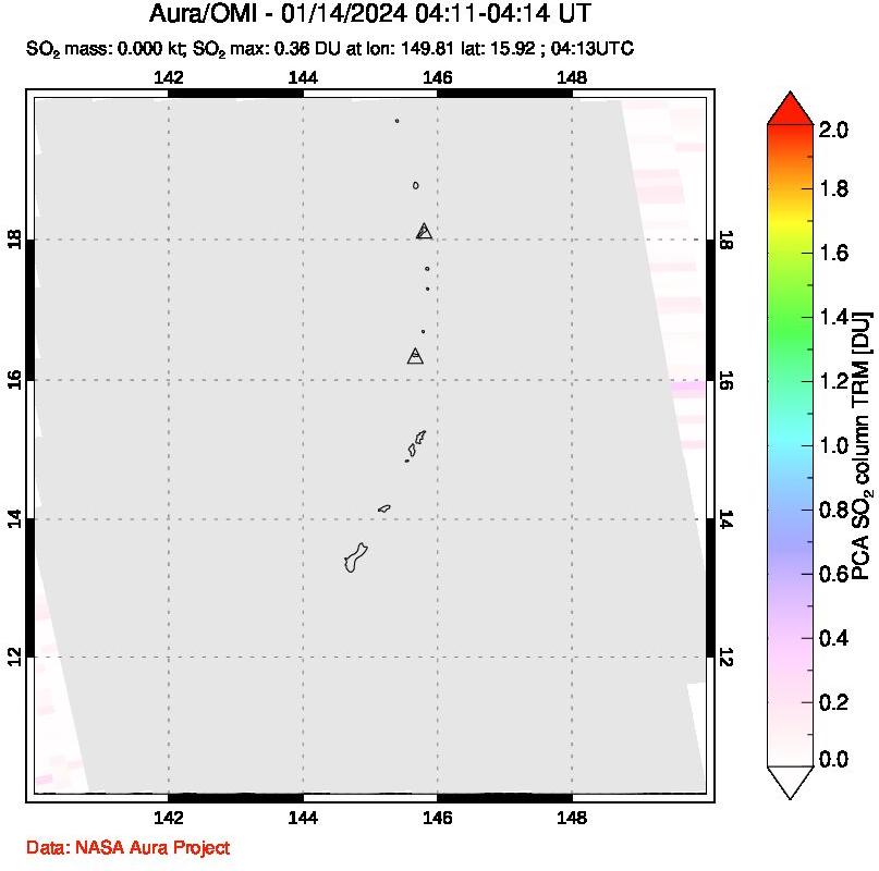 A sulfur dioxide image over Anatahan, Mariana Islands on Jan 14, 2024.