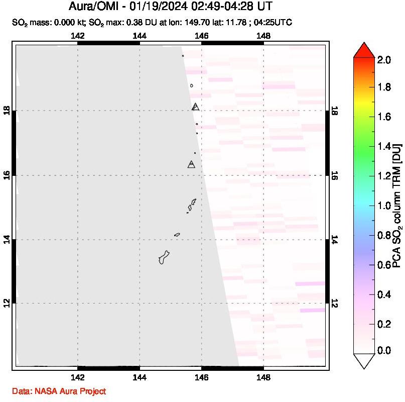 A sulfur dioxide image over Anatahan, Mariana Islands on Jan 19, 2024.