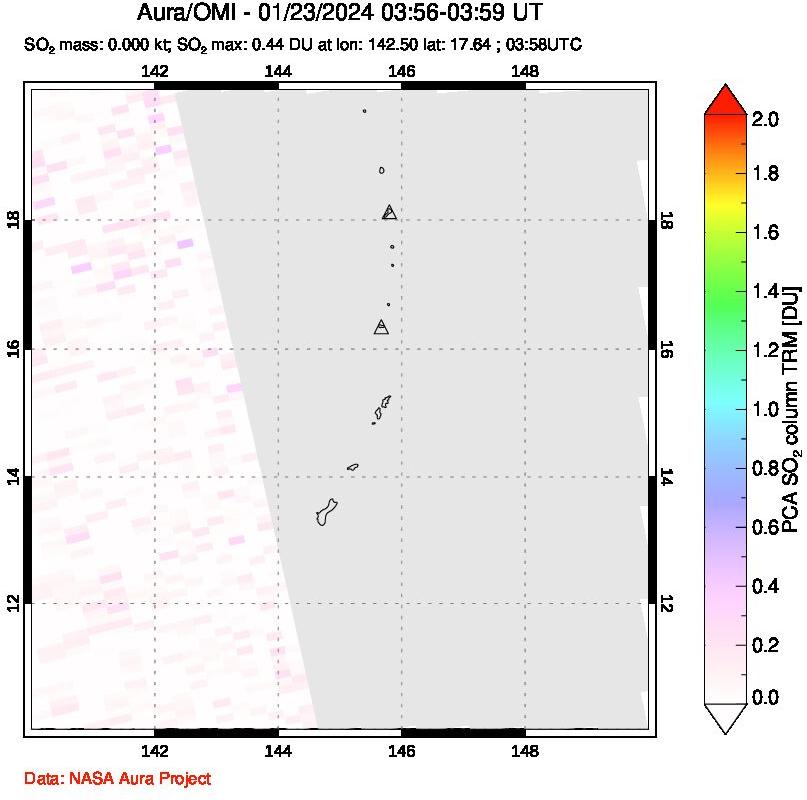 A sulfur dioxide image over Anatahan, Mariana Islands on Jan 23, 2024.