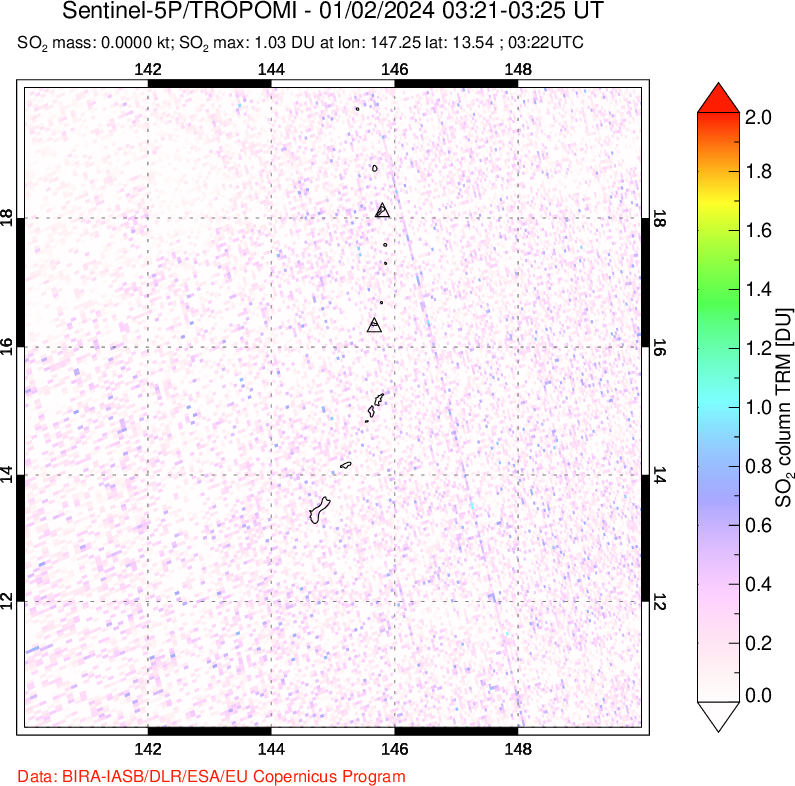 A sulfur dioxide image over Anatahan, Mariana Islands on Jan 02, 2024.