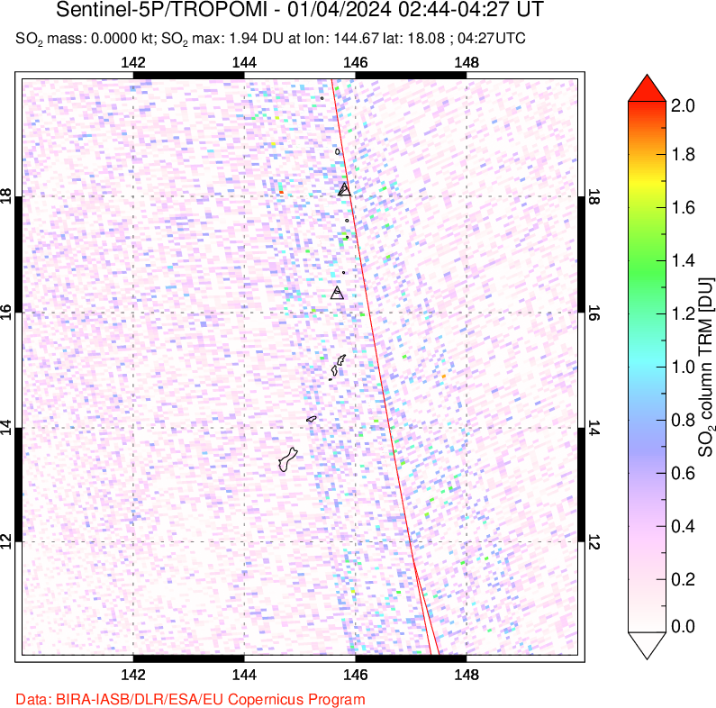 A sulfur dioxide image over Anatahan, Mariana Islands on Jan 04, 2024.