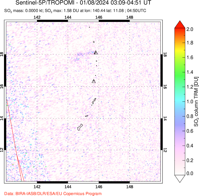 A sulfur dioxide image over Anatahan, Mariana Islands on Jan 08, 2024.