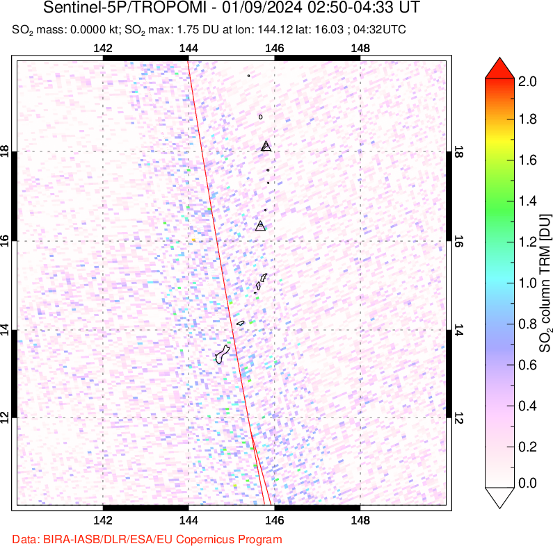 A sulfur dioxide image over Anatahan, Mariana Islands on Jan 09, 2024.